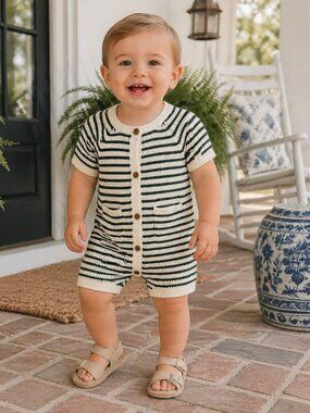 NWT Cloud Island Baby Boy Sweater Romper 12M Green Stripe Knit Soft Cozy Outfit
